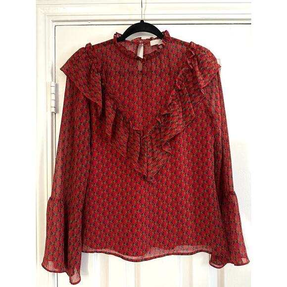 WAYF Eryn Ruffle Bell Sleeve Blouse Red Pattern Print Shirt Top - Sz XS - Picture 2 of 6